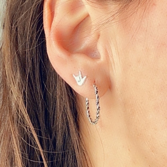 Sterling Silver I Love You ASL Sign Simple Stud Earrings - Picture 5 of 14
